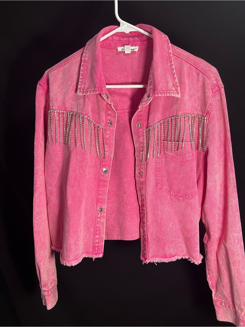 Pink Rhinestone GeeGee Fringe Denim Jacket Shacket Western Glam Boho L Shacket